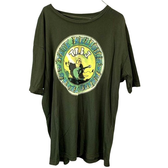 True Religion T Shirt size XXL Buddha Playing Guitar Graphic Spellout Olive Mens - Picture 1 of 4